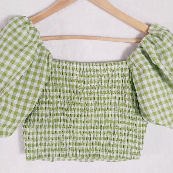 Mimosa, Crop Top,  Green/White Gingham Check, Puffy Sleeves, Small Western Style - Picture 7 of 13